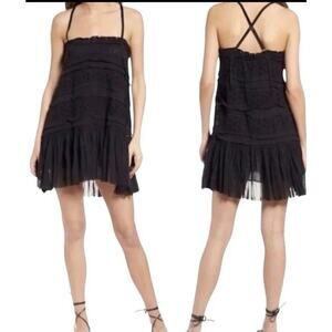 Free People Shailee Cotton Eyelet Mini Dress Black Strappy L Layers Gauzy Goth
